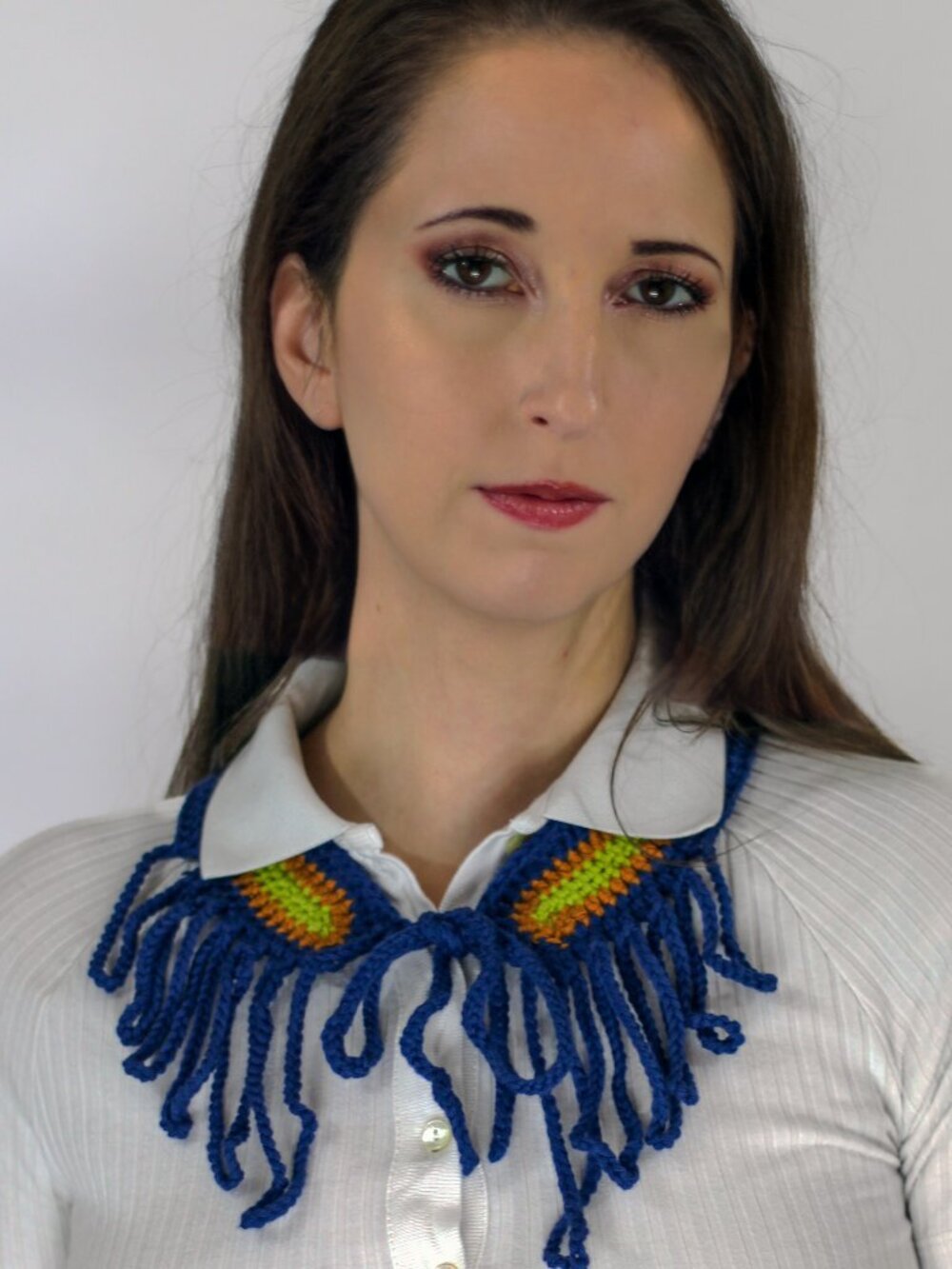 NWT Crochet Handmade Collar Yoke Necklace Tassel Blue Cotton Indie Festival